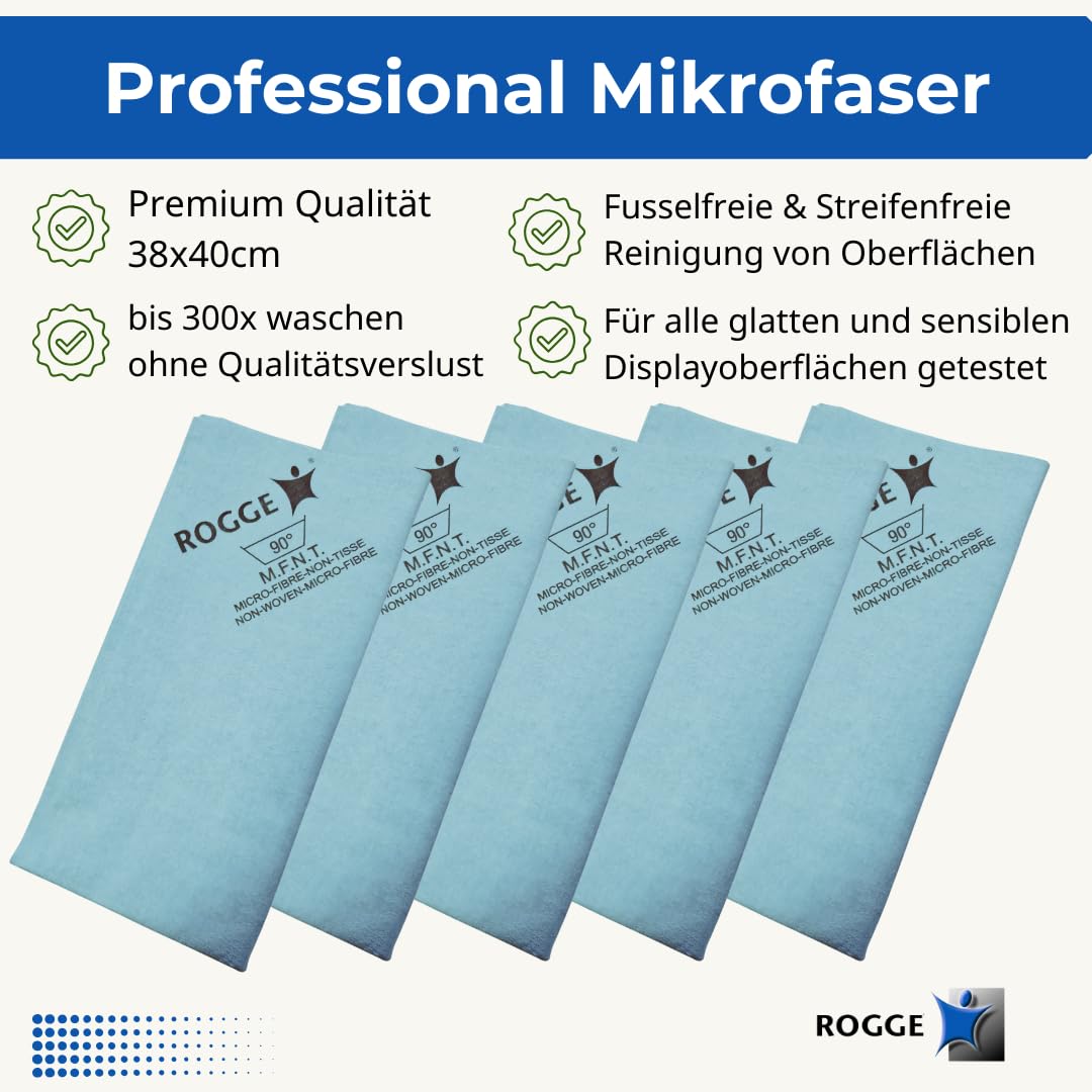 ROGGE Duo-Clean Original, 5X 250ml LED,LCD,TFT+Plasma Bildschirmreiniger inkl. 5X M.P.P Prof.Microfasertuch 38x40cm. Streifenfreie Reinigung alle glatten Oberflächen.