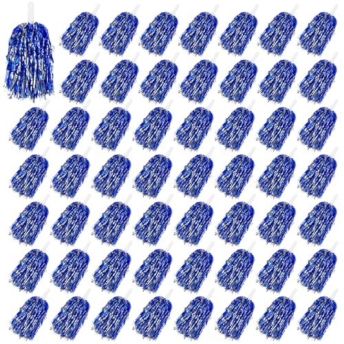 54PCS Cheerleading Pom Poms Metallic Foil Plastic Pom Poms with Baton Handle for Game Sports (Blue Silver)