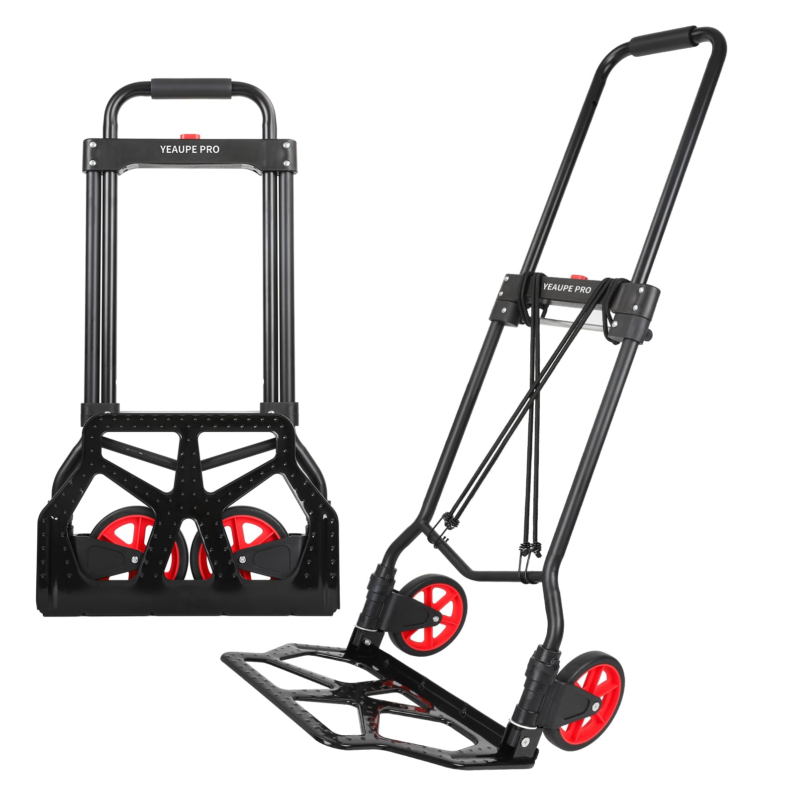 YEAUPE PRO Carretilla Plegable, Carretilla de Mano – Ruedas Grandes TPR Reforzadas, Mango Telescópico Ajustable, Incluye 2 Cuerdas Elásticas, Ideal para Transporte, 50kg- Suelo Plano – Negro Recycled Claim Standard Blended