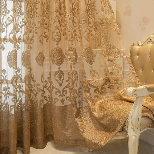 FeLoneny Cortinas transparentes con bordado de flores doradas europeas, cortina de gasa con ojales en la parte superior, para sala de estar, panel FeLoneny Cortinas transparentes con bordado de flores doradas europeas, cortina de gasa con ojales en la parte superior, para sala de estar, panel