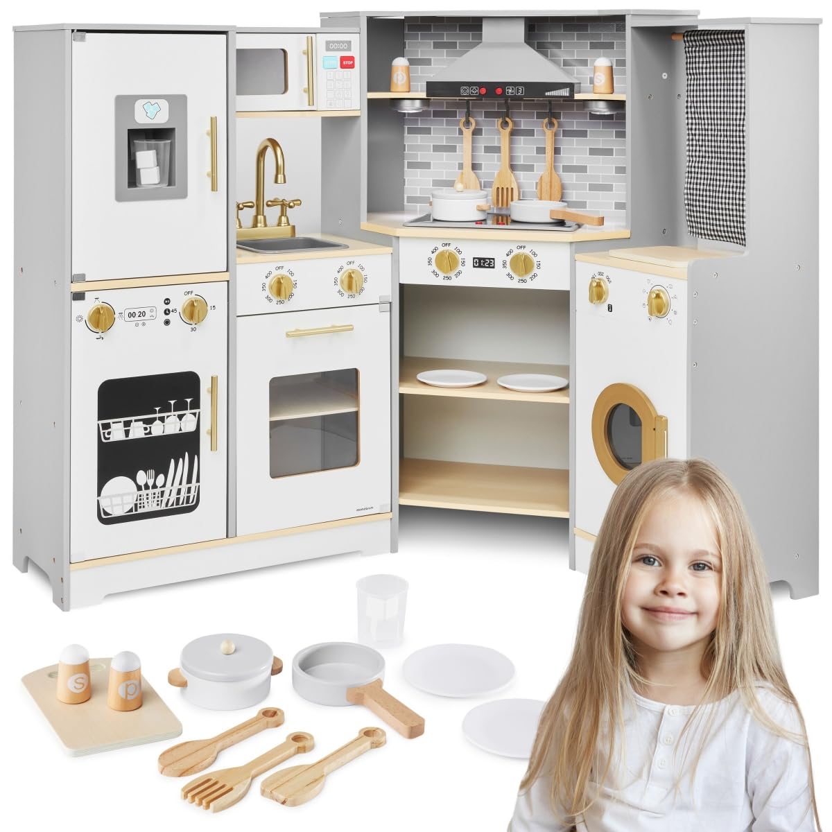 Mamabrum Cucina in legno per bambini 3+, grande, interattiva XXXL fornello interattivo con illuminazione a LED, set da cucina con lavatrice, forno, lavastoviglie, cappa e pentole