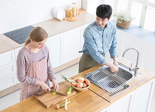 Miniatura 9 de Escurreplatos plegable de acero inoxidable se enrolla ideal para fregadero escurridor de cocina con silicona color negro 205 x 1313 pulgadas