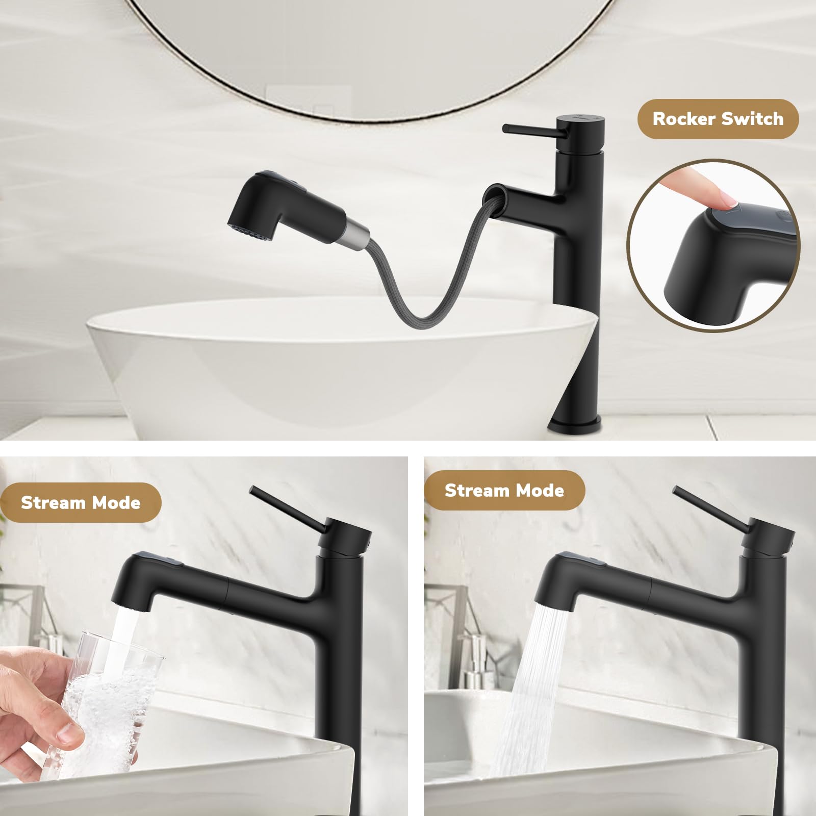 HURRAN Rubinetto Bagno Lavabo, Miscelatore Alto per Lavabo, Miscelatore Estraibile con 2 Modalità di Erogazione, Rubinetto Bagno Monocomando in Acciaio Inox, Nero Matte