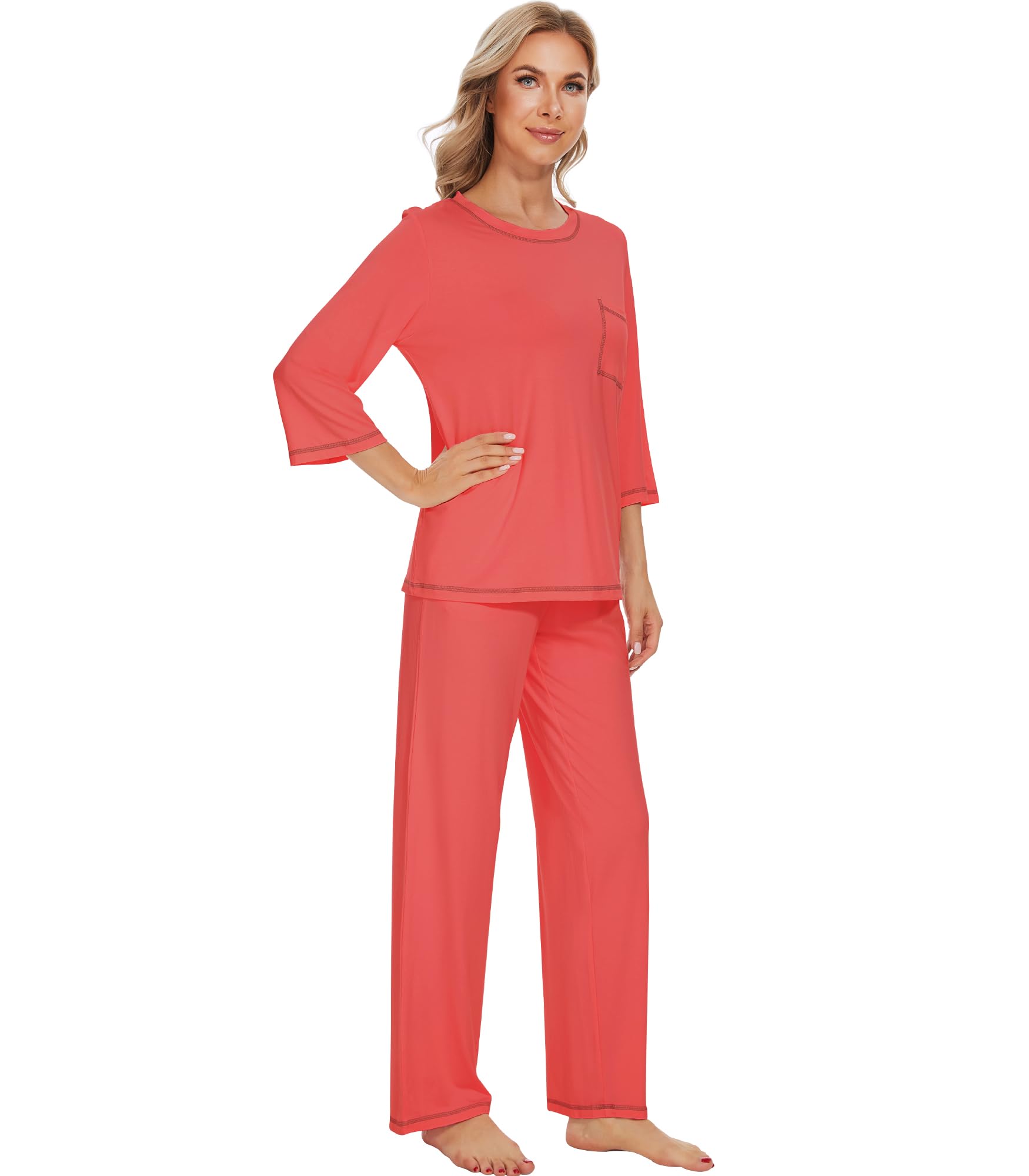 WiWi Pijama para mujer, viscosa de bambú, manga 3/4 y pantalones largos, conjunto de pijama suave, tallas S-XXL