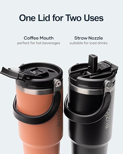Miniatura 2 de BUZIO Vaso de 30 oz con asa, vaso aislado con tapa 2 en 1 y pajita, vaso de acero inoxidable aislado al vacío, para café helado, botella de agua