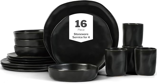 Stone by Mercer Project HEKONDA Modern Stoneware طقم أواني طعام مكون من 16 قطعة، طقم أطباق وأوعية، طقم أطباق 4، أسود