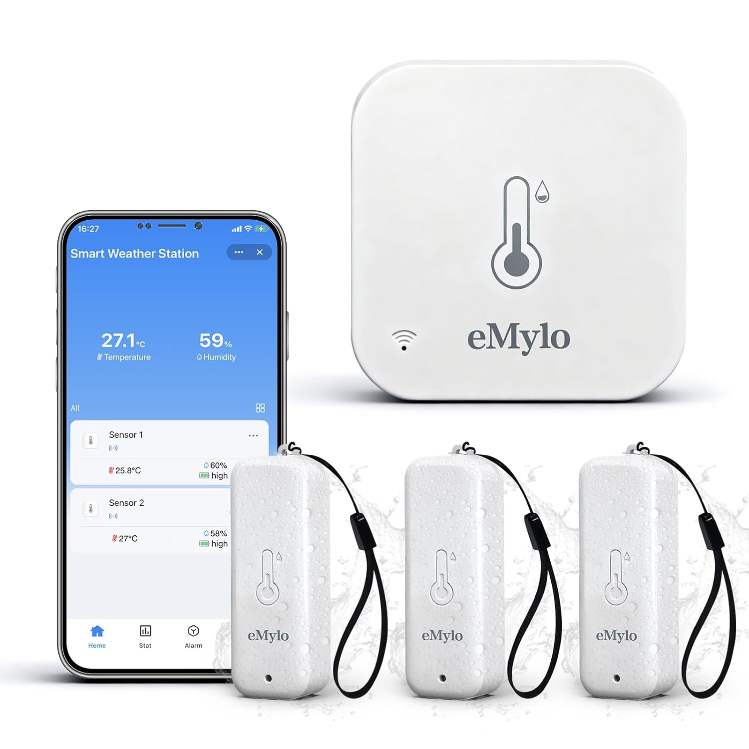 eMylo WiFi Thermometer Hygrometer 4 Pack, IP65 Indoor Smart Temperature Humidity Monitor with 3 Outdoor Wireless Sensors Kit, APP Notification Alert, Free Data Storage Export, 492ft Monitoring Range