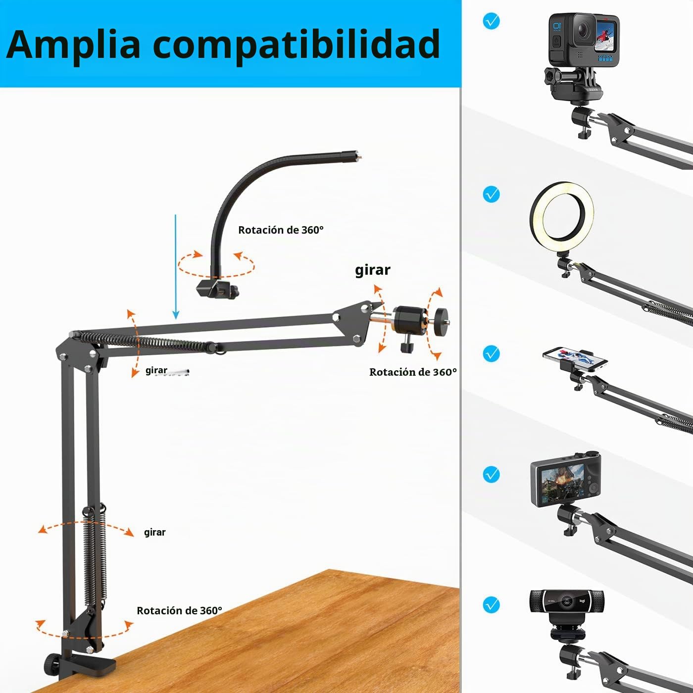 Soporte de teléfono Superior con Anillo de luz, Soporte articulado Flexible Compatible con iPhone, cámara Web Logitech, trípode de Escritorio para Youtube Live Stream Cocina, grabación de Video de
