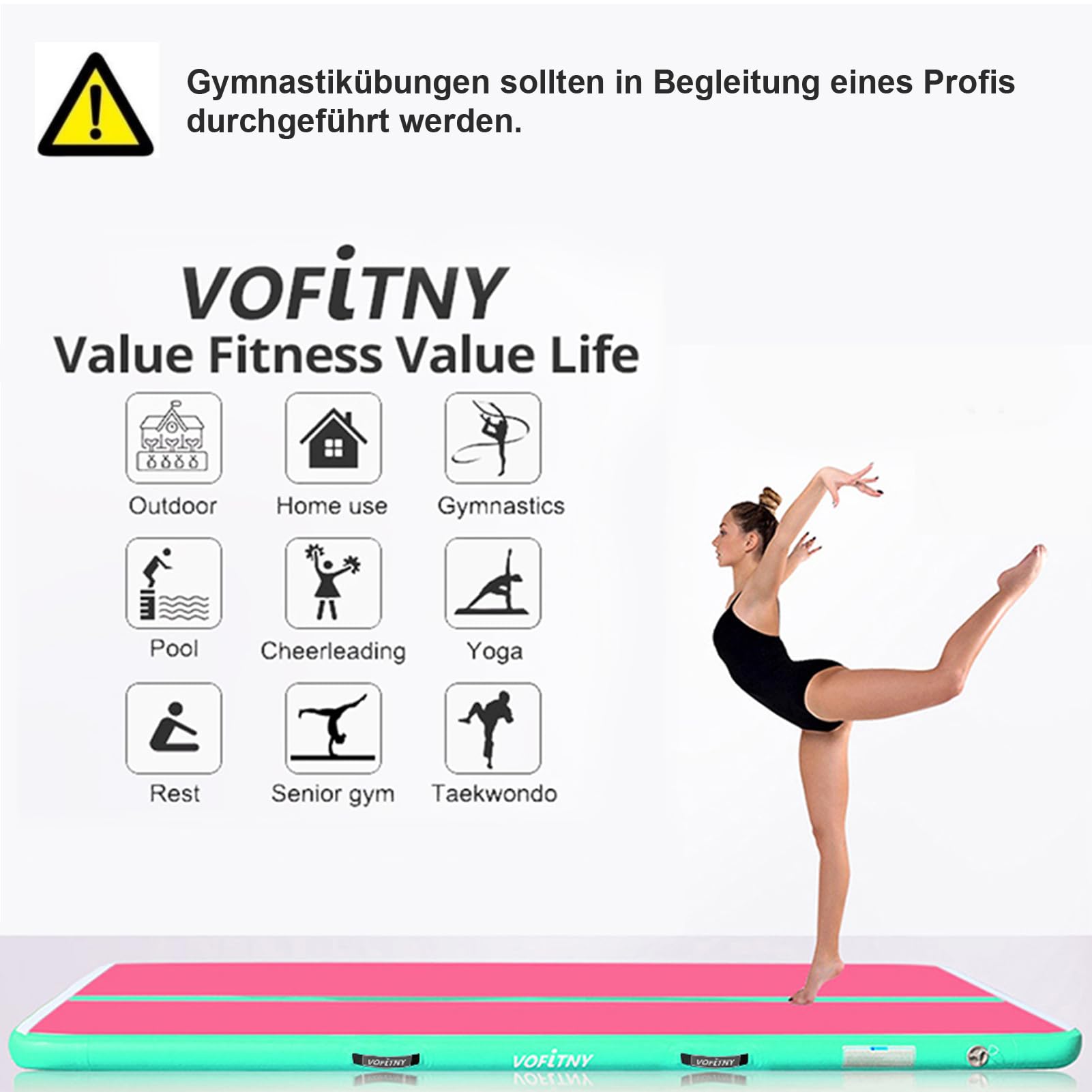 VOFiTNY Aufblasbare Turnmatte 10/20 cm Dicke Gymnastikmatte 3/4/5/6 m Trainingsmatte Tumbling Matten für den Hausgebrauch/Park und Wasser Yoga Matte
