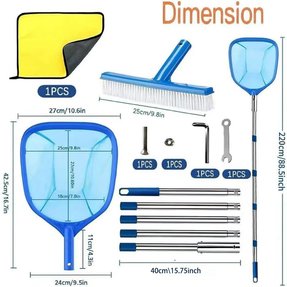 Pool Kescher mit Teleskopstange, Teichkescher Feinmaschig, Laubkescher Pool mit Poolbürste, Bodenkescher Pool, Pool Reinigungsset, für Schwimmbad, Spas, Teich, Whirlpools, Planschbecken (220cm)