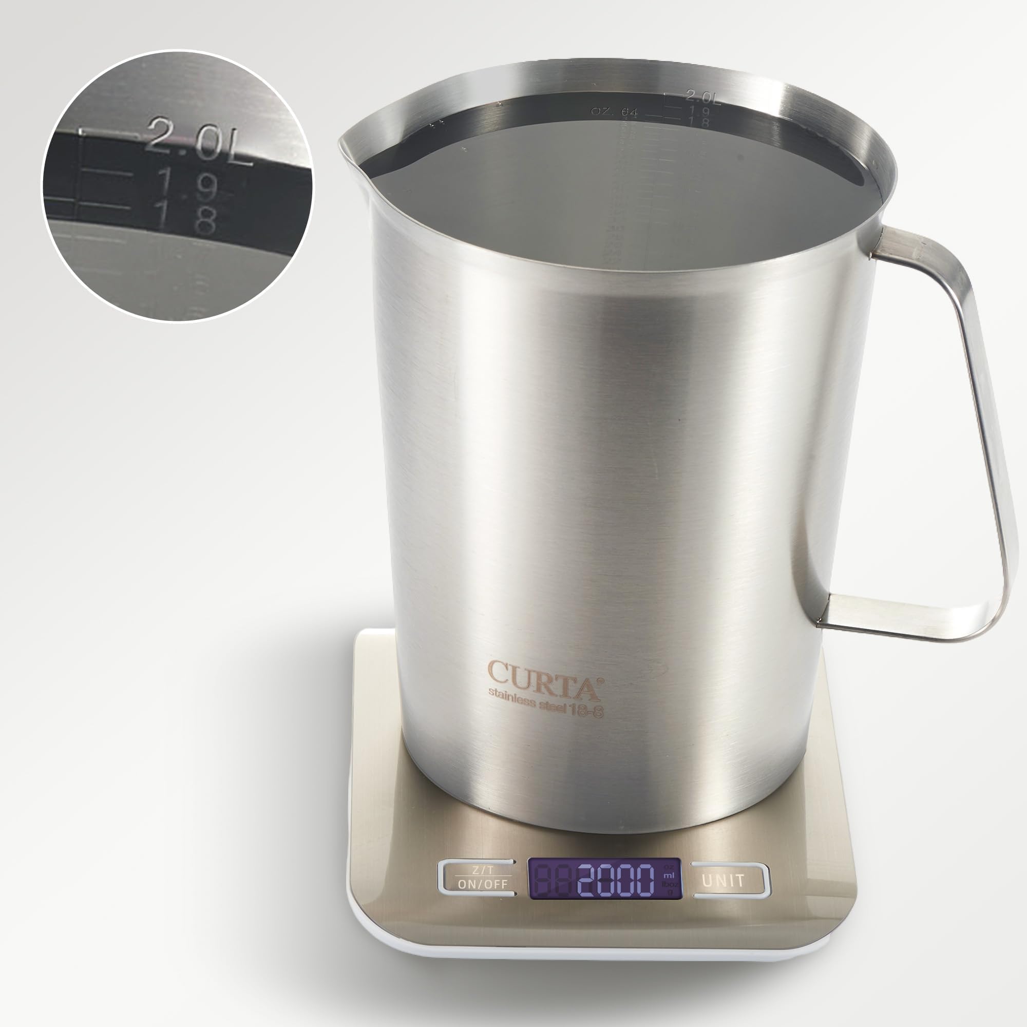 Misurino in acciaio inox (2 litri-8 tazze), brocca per schiumatura pesante, brocca per latte schiumante, tazza per schiumare latte con marcatura con manico per macchine da espresso, arte del latte