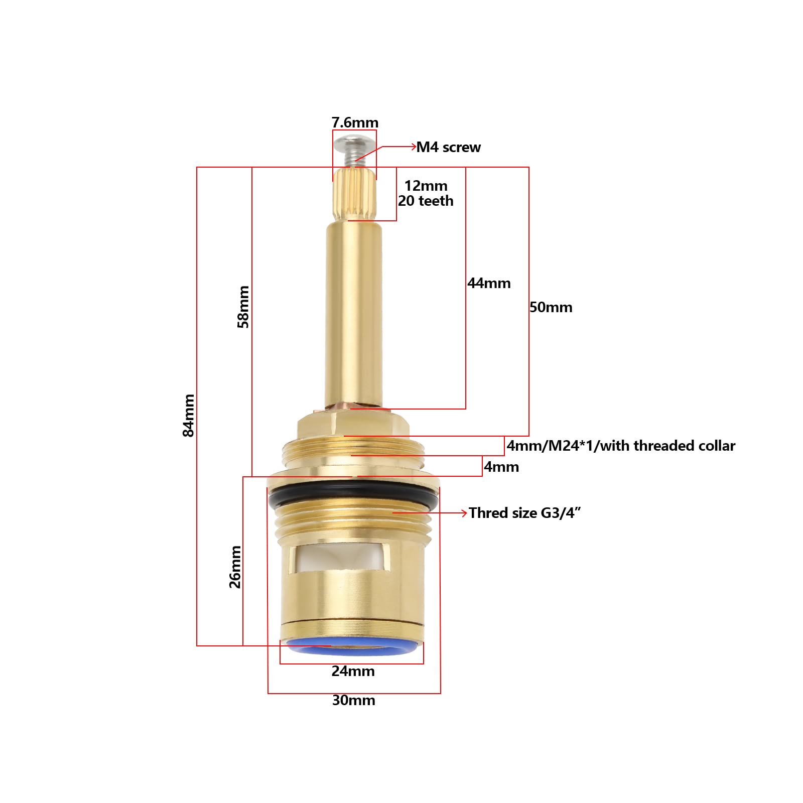 BSP 3/4" Cartouche de Robinet de Douche en Laiton Bleu Quart de Tour 20 Dents Cartouche de Robinet en Céramique pour Cuisine ouverture Dans le Sens Inverse des Aiguilles d'une Montre)