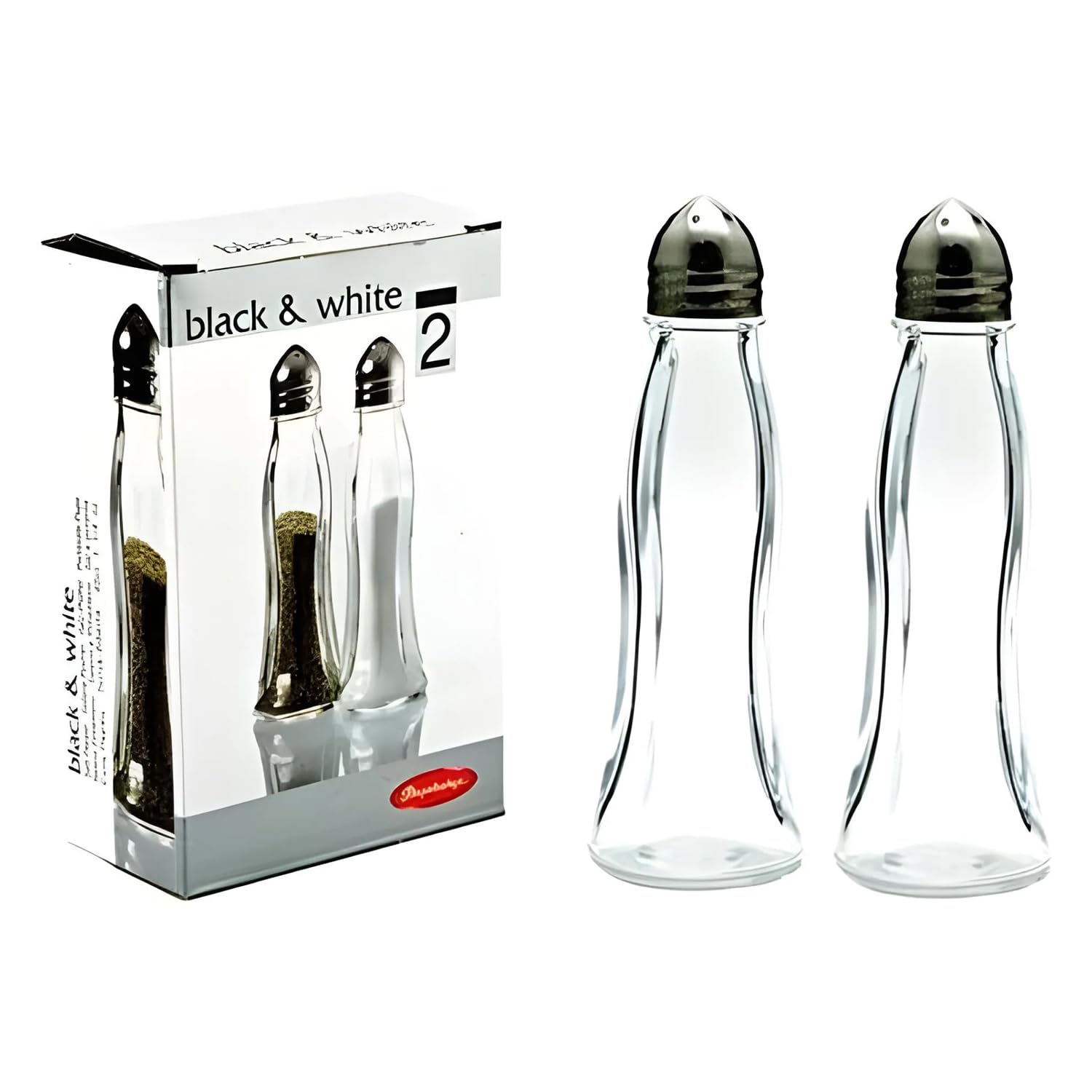 Pasabahce 80030 Lot de 2 salières et poivrières en acier inoxydable et verre lavables au lave-vaisselle Noir et blanc
