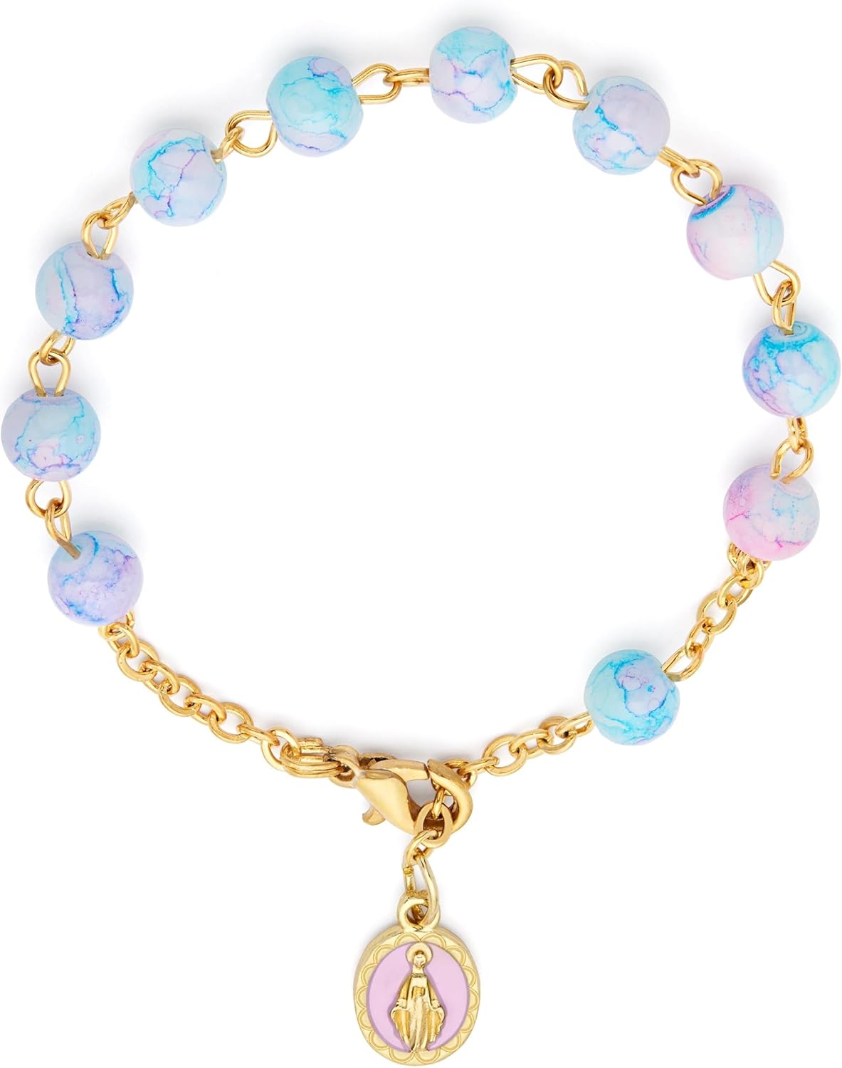 Mondo Cattolico Gold-tone Rosary Bracelet with Pink and Light Blue Variegated Beads, Rose Miraculous Medal, Catholic Prayer Bracelet for Women and Men