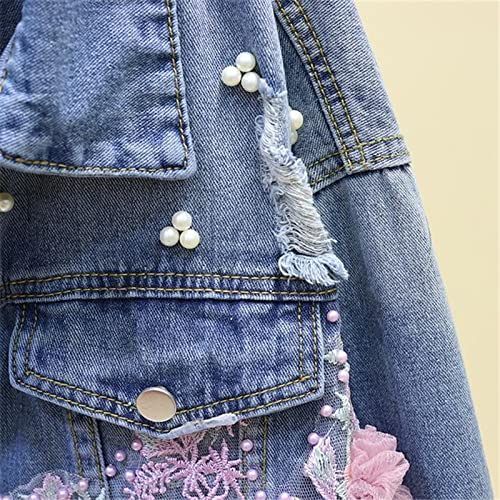 Wpyyi Autumn Women Denim Jacket Embroidery Three-Dimensional Floral Jeans Jacket Beading Pearl Ripped Hole Outerwear (Color : Blue, Size : Xl Code) #TOP6