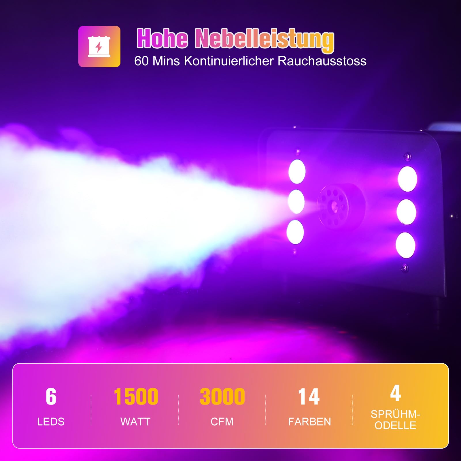 UKing 1500W Nebelmaschine 6 RGB LED,Partylicht Rauchmaschine mit Fernbedienung und 1L Tank,Hohes Nebelvolumen für Hochzeit, Party, Theater, Halloween, Weihnachten