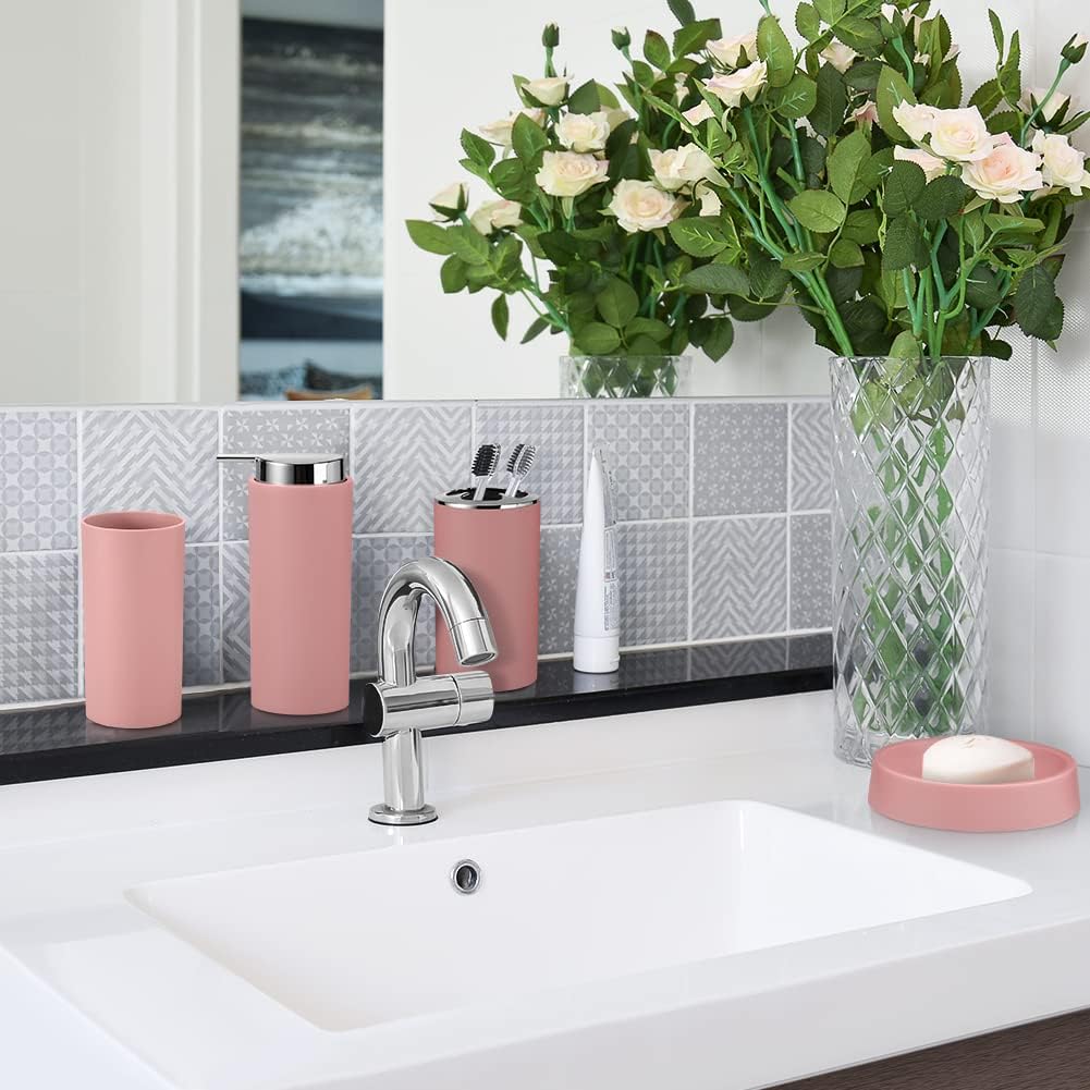 Otostar Bathroom Accessory Set Plastic Bathroom Accessories Set with Soap Dispenser Toothbrush Holder Qtip Holder Tumbler Soap Dish Toilet Brush Holder Trash Can Housewarming Gifts Bath Set (Pink)