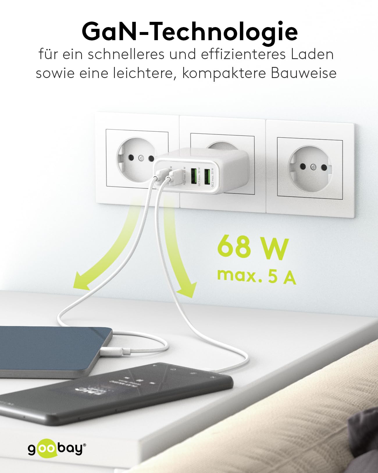 goobay 64818 USB-C PD 4-Fach Multiport Schnellladegerät (68W) / 2X USB-A 2X USB-C Eingang/Power Delivery/Netzteil für Ladekabel vom iPhone und Anderen Handys/Handy Ladegerät/weiß