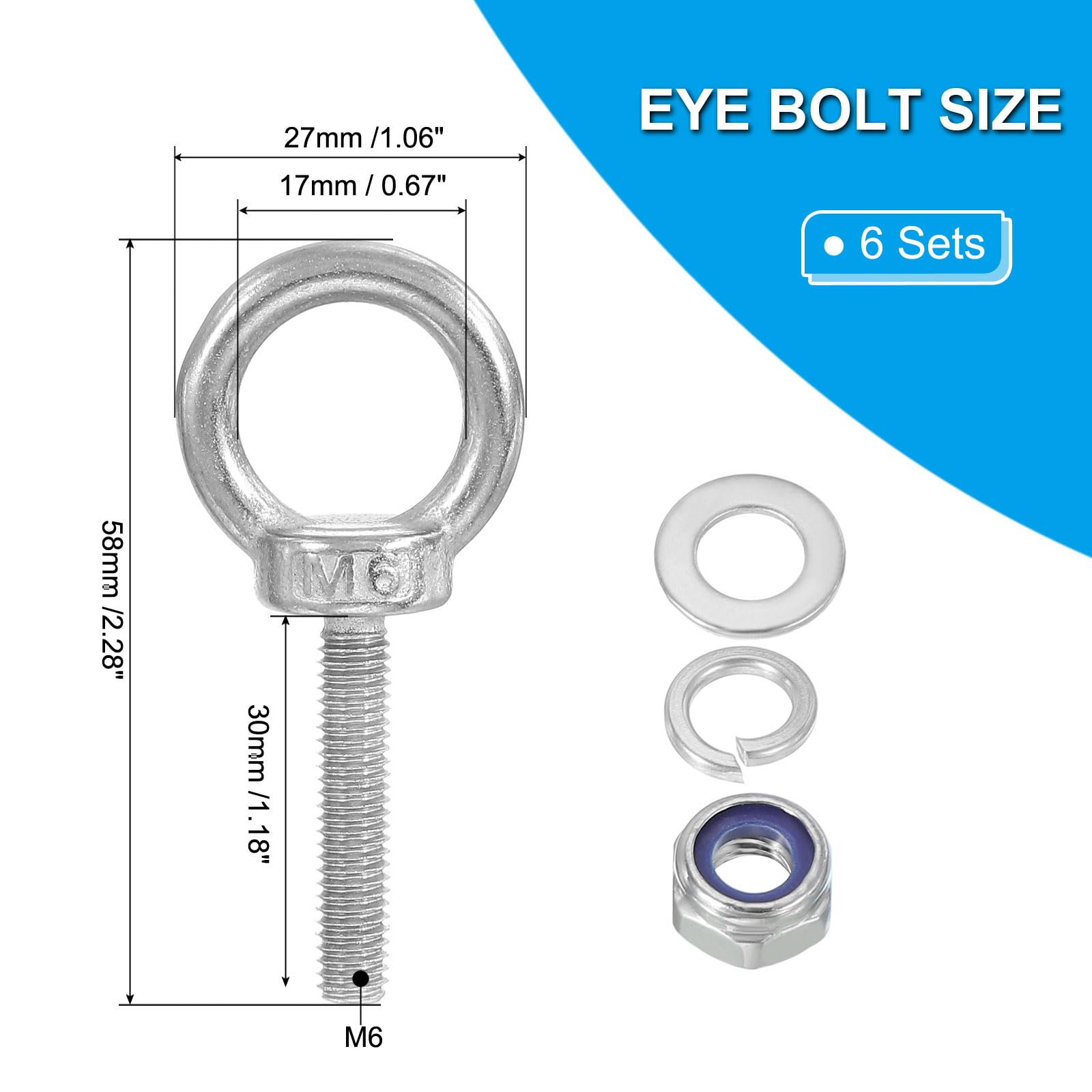 PATIKIL M6 x 30mm Eye Bolt with Nut, 6 Pack 304 Stainless Steel Lifting Shoulder Eyebolt Lift Thread Screws for Hanging Silver - Image 2