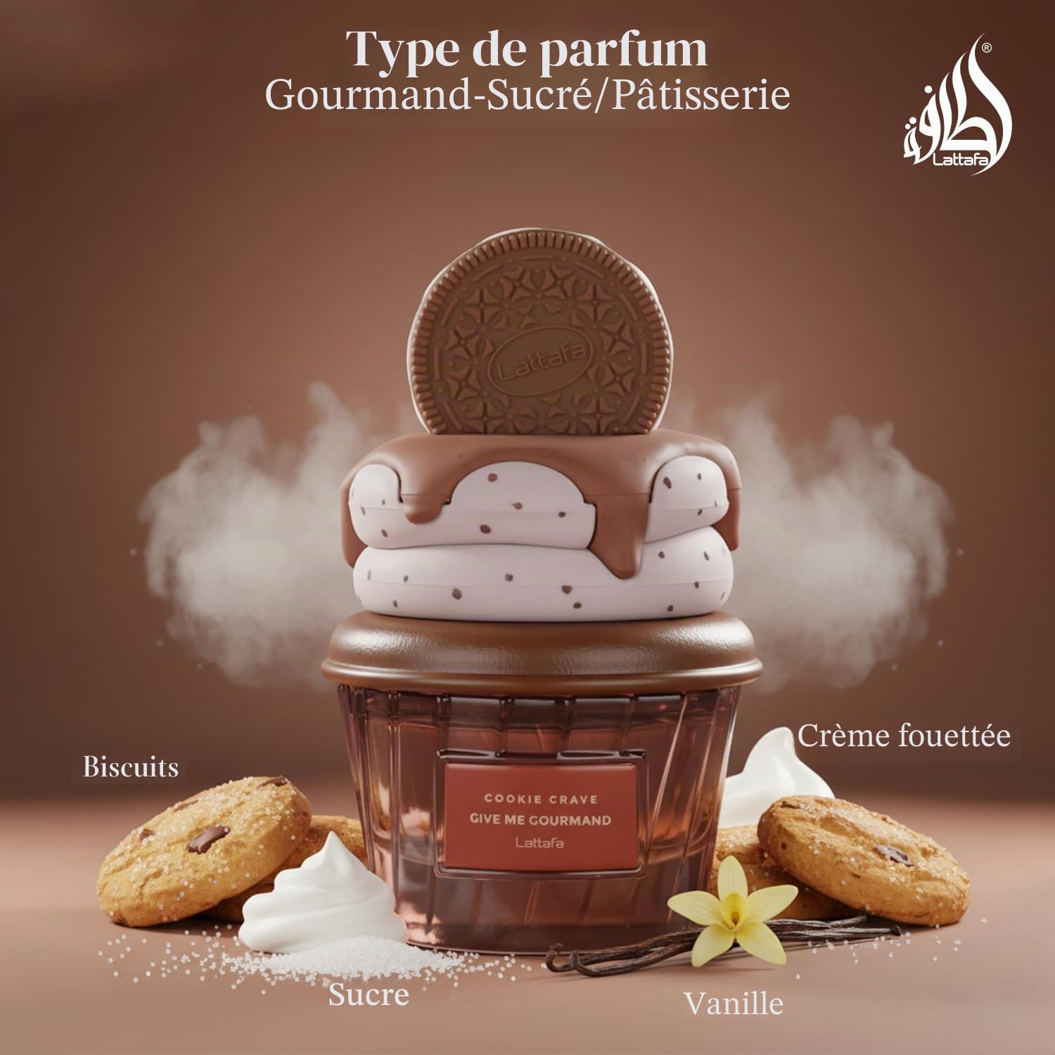 Lattafa Cookie Crave Eau de Parfum, Collection Give Me Gourmand, Parfum Cookie Vanille, Beurre de Cacao et Notes de Sucre, Forme Vaporisateur, Parfum Mixte 75ml