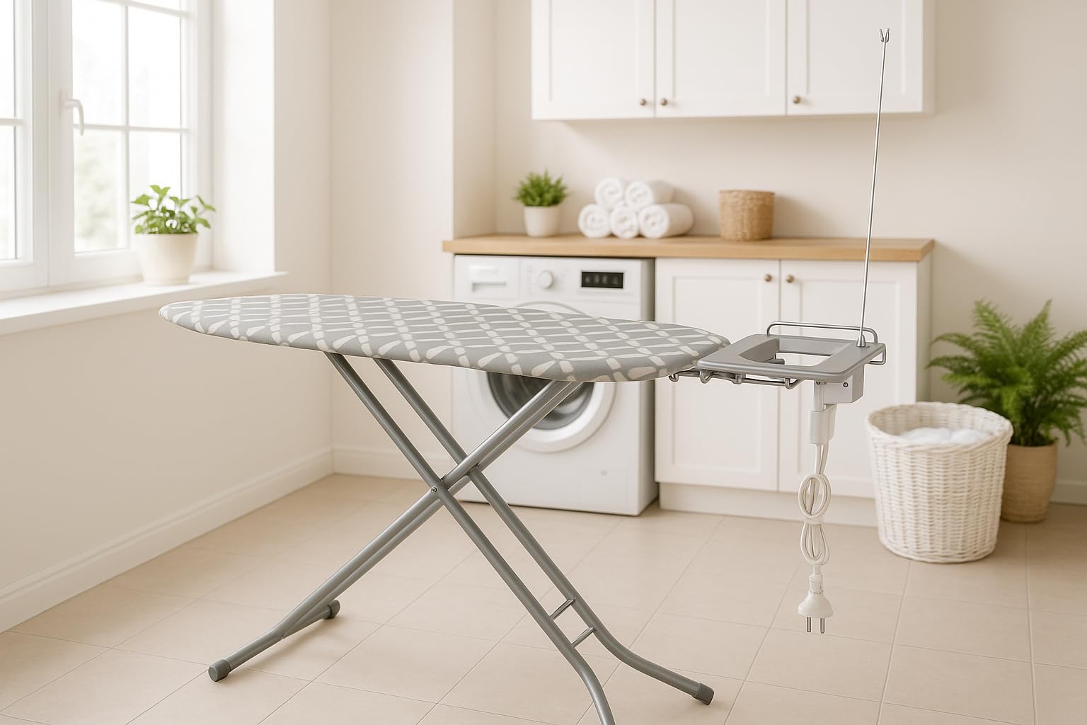 Bügelbrett Advanced PRO mit Steckdosenverlängerung, Kabelhalterung, Bügeleisenablage, rutschfest – Höhenverstellbar bis 99 cm, klappbar, 120 x 42 cm Bügelfläche