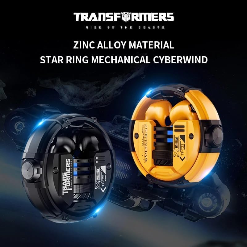 TRANSFORMERS TF-T23 TWS Earbuds in both black and yellow charging cases, highlighting zinc alloy material.