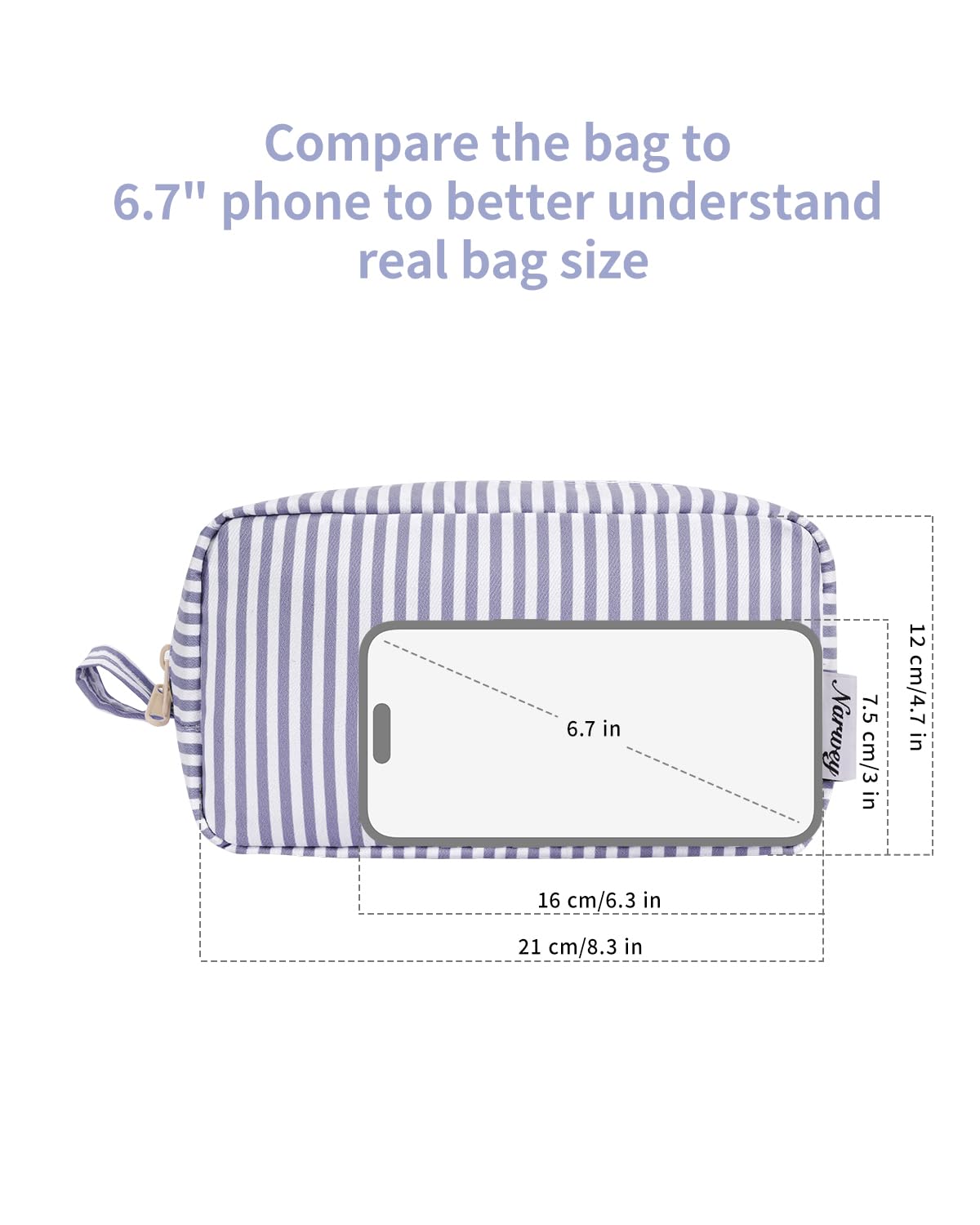 Large Makeup Bag Travel Toiletry Wash Bag Cosmetic Organizer Make Up Bags for Women (Greyish Blue Stripe, Large) — view 5