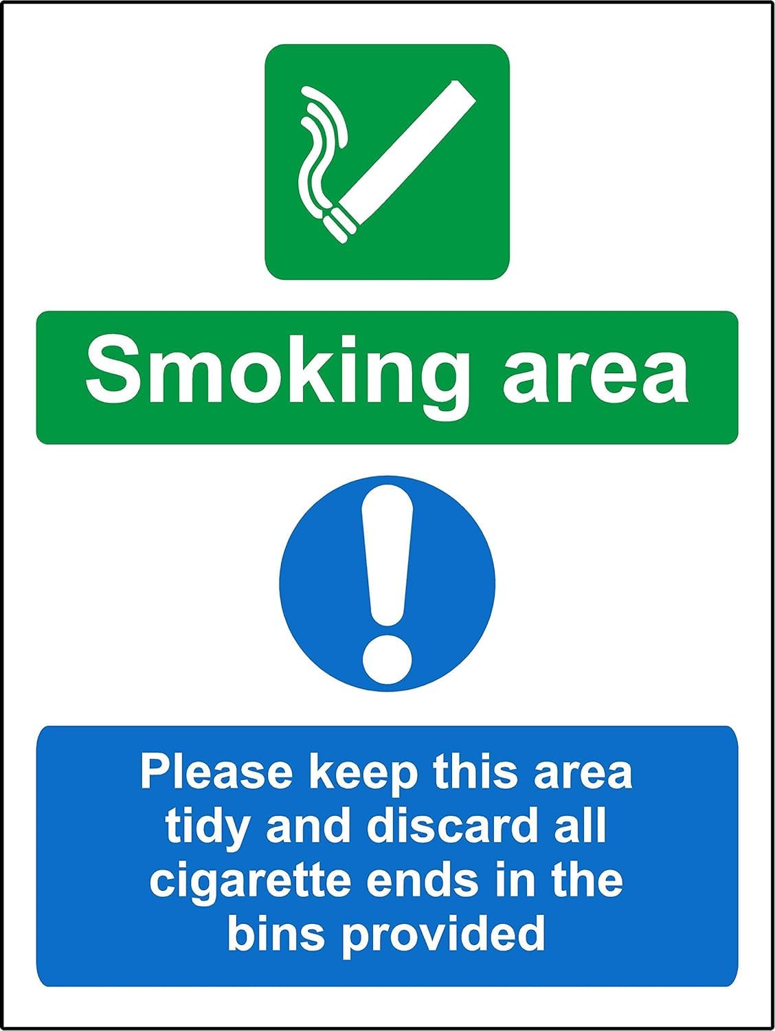 Smoking Area Please Keep This Area Tidy and Discard All Cigarette Ends in The Bins provided Sign - 1.2mm Rigid Plastic 400mm x 300mm Case (Pack of 5)