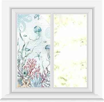 Window Privacy Film, Ocean Fish Seaglass Coral Jellyfish Blue Summer Static Clings Window Film for Glass Windows Removable Decorative Sticker for Home Bathroom Office, 17.7" x 39.3"