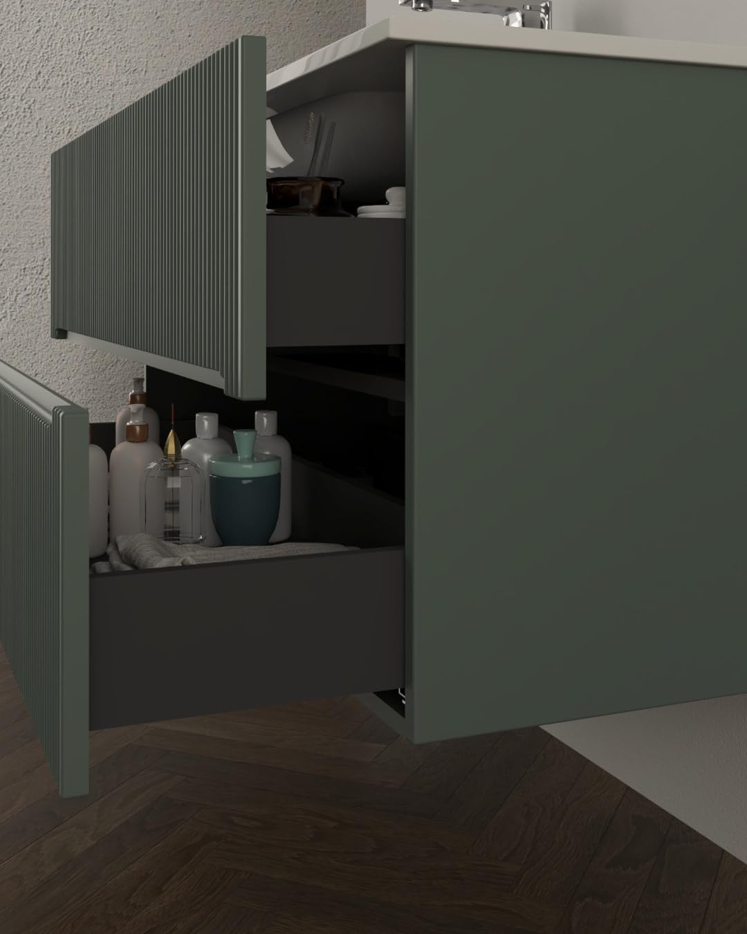 Generico Mobile bagno sospeso 100 cm frontali plissé e lavabo in ceramica (Verde Opaco)
