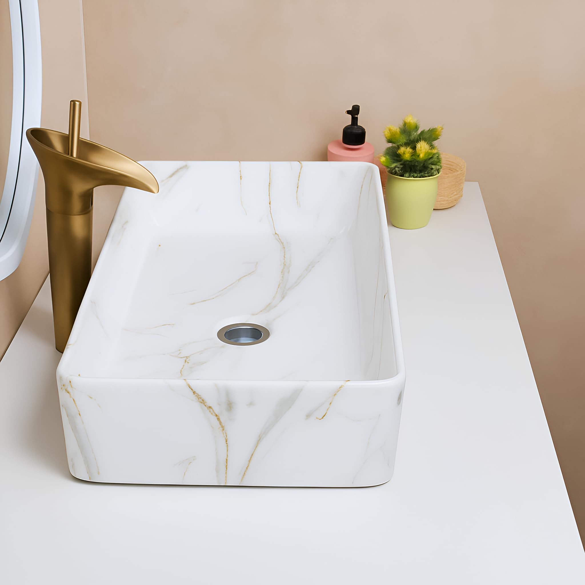 SEA SHORE Ceramic Table Top Wash Basin β Over Counter Slim Rim Vessel Sink for Bathroom & Living Room (24 x 13 x 5.5 Inch, White & Grey) 2