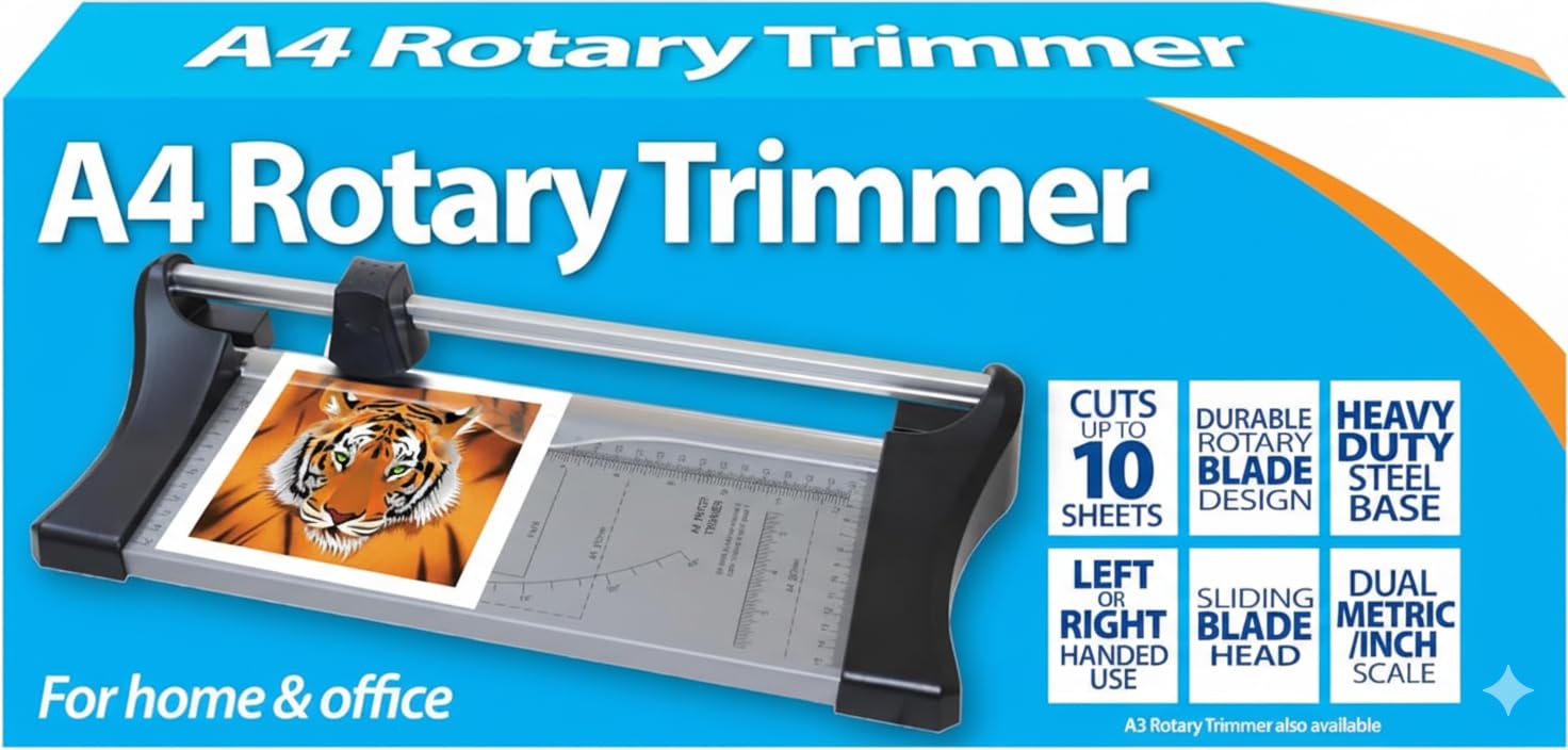 A4 Rotary Paper Trimmer, 10-Sheet Capacity, Heavy-Duty Steel Base, Dual Metric/Inch Scale, Home and Office