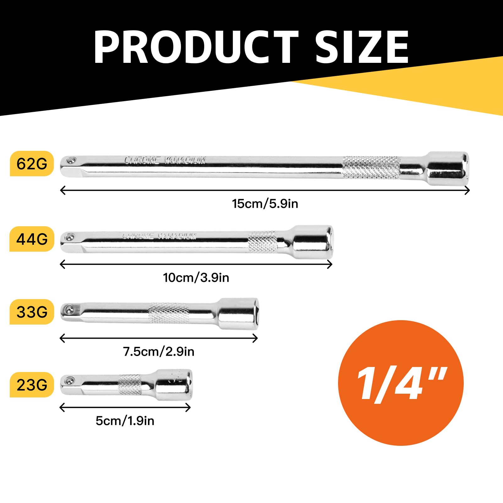 Prolunga Chiave a Cricchetto 1/4" - Set da 50 mm, 75 mm, 100 mm, 150 mm - Acciaio al Cromo Vanadio