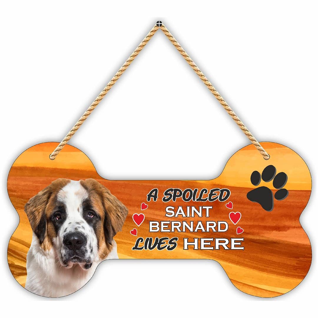 CVANU Laser Cut MDF Wooden Pet Dog Sign Plaque Bone Design A Spoiled Saint Bernard Lives Here Animal Love Sign Board, Name Plate for Dog House Golden & White, Size(10x5) inch