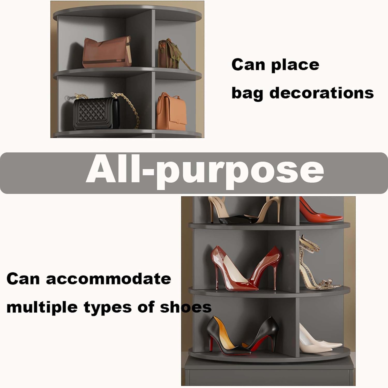 6-Tier Rotating Shoe Rack Tower 360, Free Standing Shoe Tower & Spinning Shelf Fit 24 Pairs, Lazy Susan Rotating Shelf for Entryway, Living Room (Gray, 6-Tier)