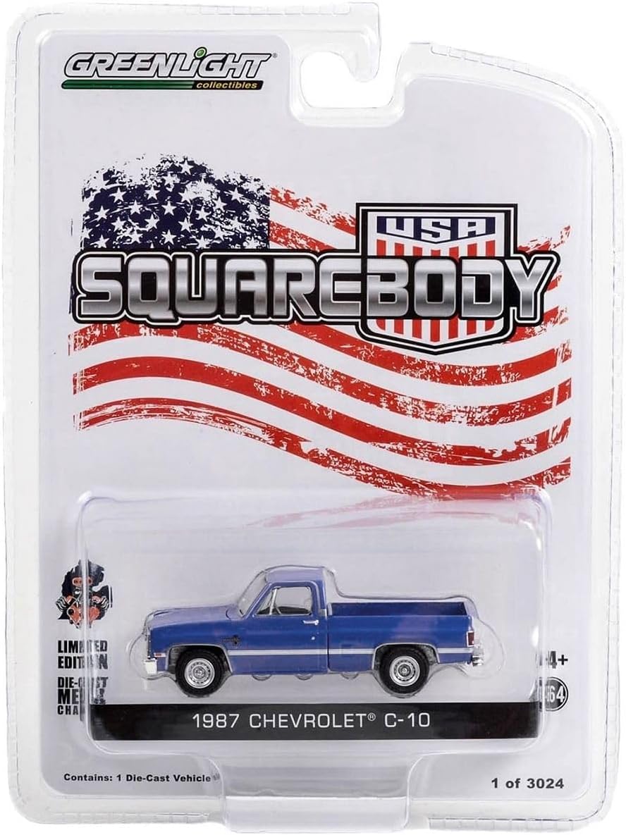 Collectibles 1987 Chevy C-10 Pickup Truck Blue Squarebody USA Limited Edition to 3024 Pieces Worldwide 1/64 Diecast Model Car by Greenlight 51489