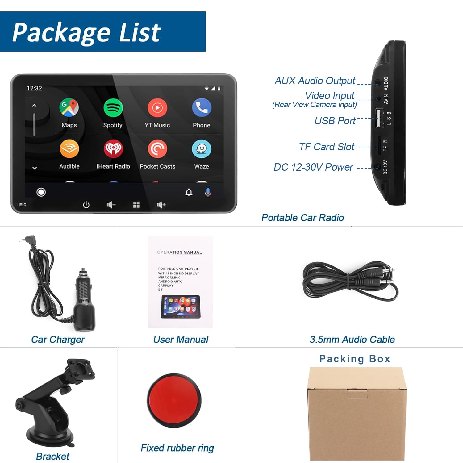 Autoradio portable 7 pouces 2026 amélioré, compatible avec CarPlay et Android Auto sans fil, AirPlay, son stéréo, commande vocale, connexion Wi-Fi, Bluetooth et filaire, sortie audio Bluetooth pour vo