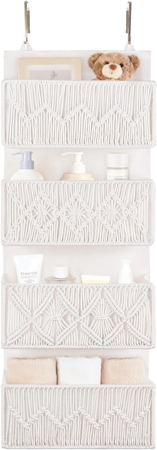 Dahey Over the Door Organizer Macrame Boho Nursery Storage Decor with 4 Large Woven Pockets Closet Hanging Organizer for Bedroom Nursery Bathroom Apartments Dorm Pantry Decoration, White
