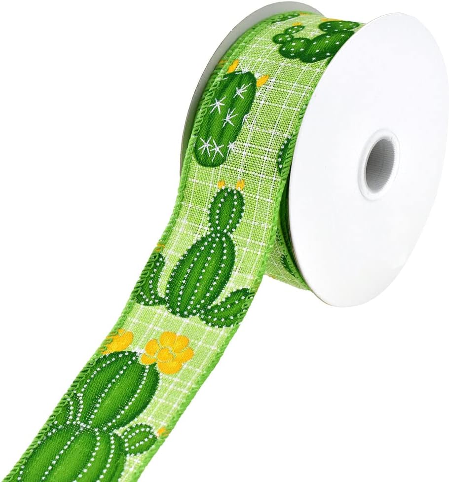 Homeford Blooming Cactus Faux Linen Wired Ribbon, 1-1/2-Inch, 10-Yard - Lime Green