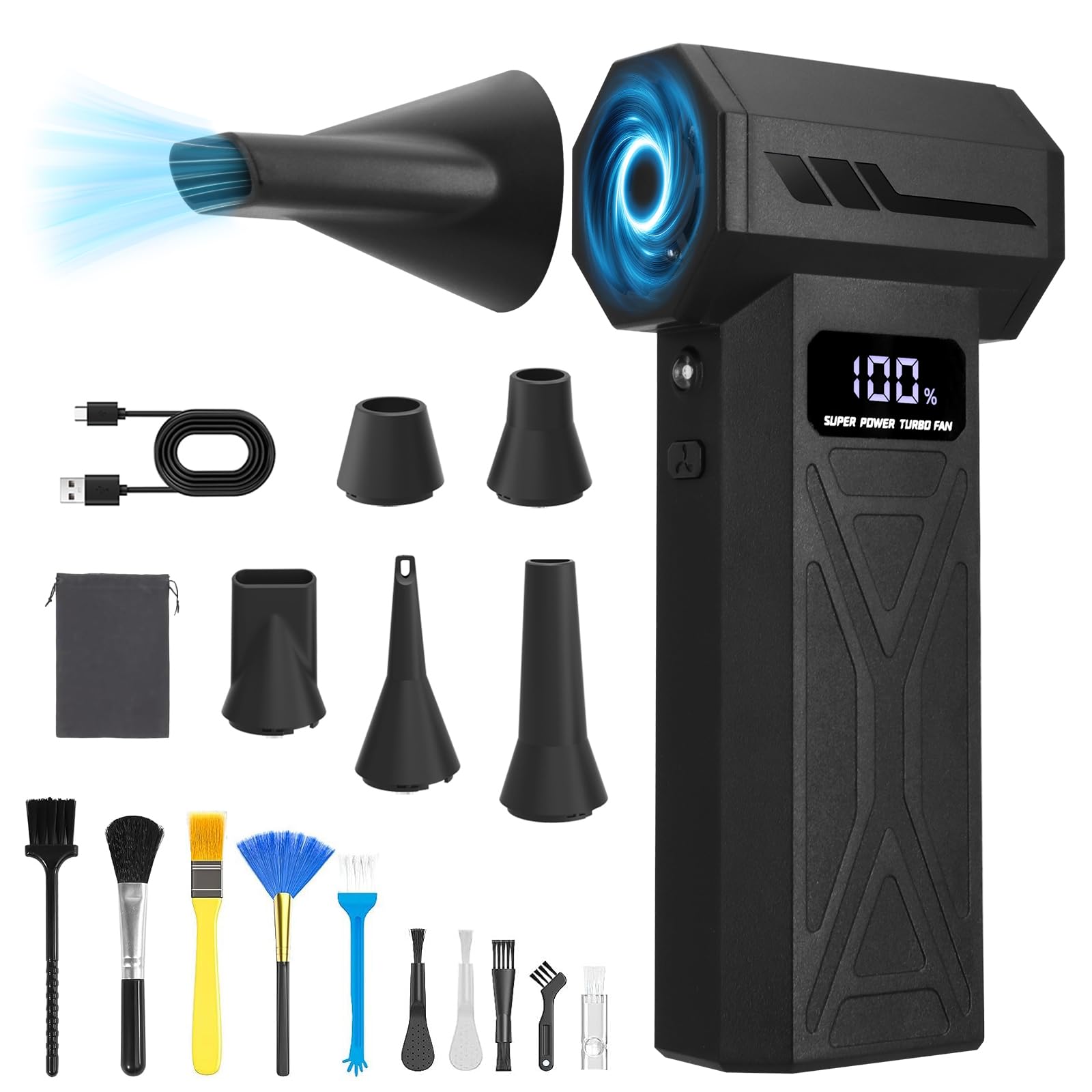 Souffleur à Air Comprimé, 110 000 tr/min, Mini Souffleur Sans Fil Puissant avec Batterie, 4 Vitesses, Lumière LED, Soufflette Électrique pour Nettoyage de PC, Voiture, Clavier, Ordinateur et Feuilles