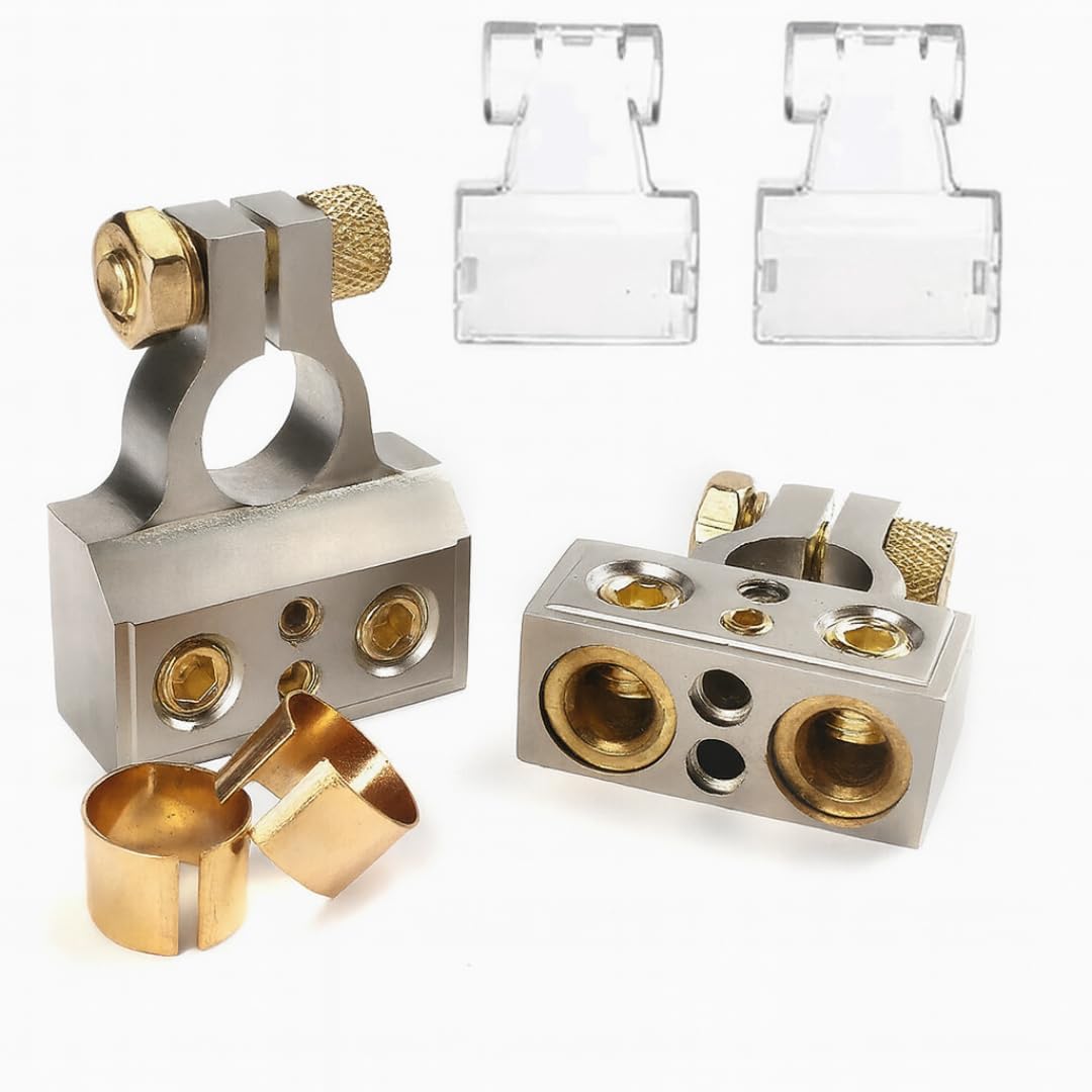 Terminal Connectors Fits 0/4/8 Gauge Inputs - Car Battery Terminal Clamps for Car Audio, Auto, Marine, RV (Dual-Size 0-10 GA)