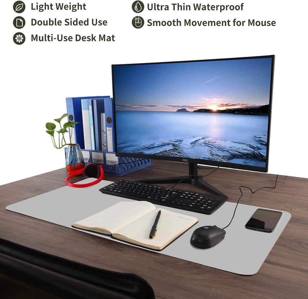 Office Desk Pad,Mouse Pad,Dual Sided Leather Desk Pad,Desk Blotter Protector,Non-Slip Laptop Desk Pad,Easy Clean Desk Mat for Home or Office,Dark Green/Silver