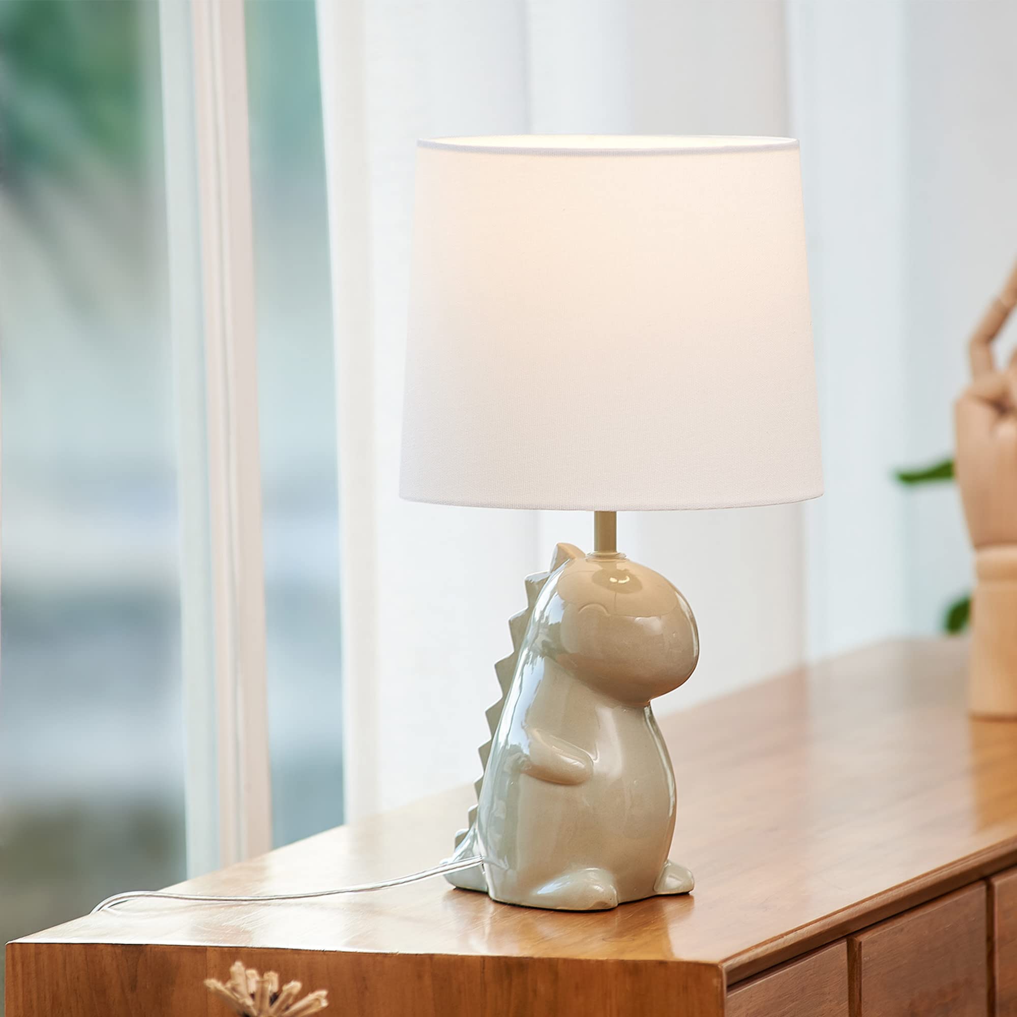 Globe Electric Tommy Dinosaur 16" Ceramic Table Lamp, Green, White Cotton Shade