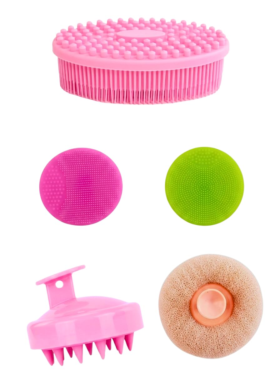 Bathing Essentials Silicone Body & Face Care Combo Pack of 5 | Body Scrubber Brush, Scalp Massager, 2 Facial Cleansing Pads, Konjac Face Sponge, Gentle Exfoliation-image-25