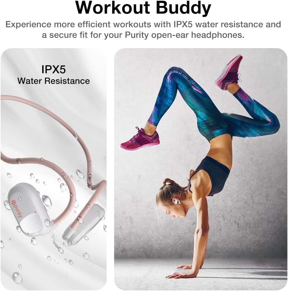 Purity Air Open Ear Headphones with water droplets, indicating IPX5 water resistance