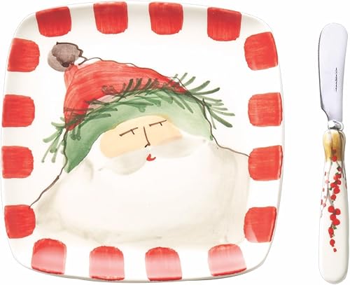 Vietri Old St. Nick - Plato cuadrado con esparcidor en una caja de presentación especial, gres navideño pintado a mano