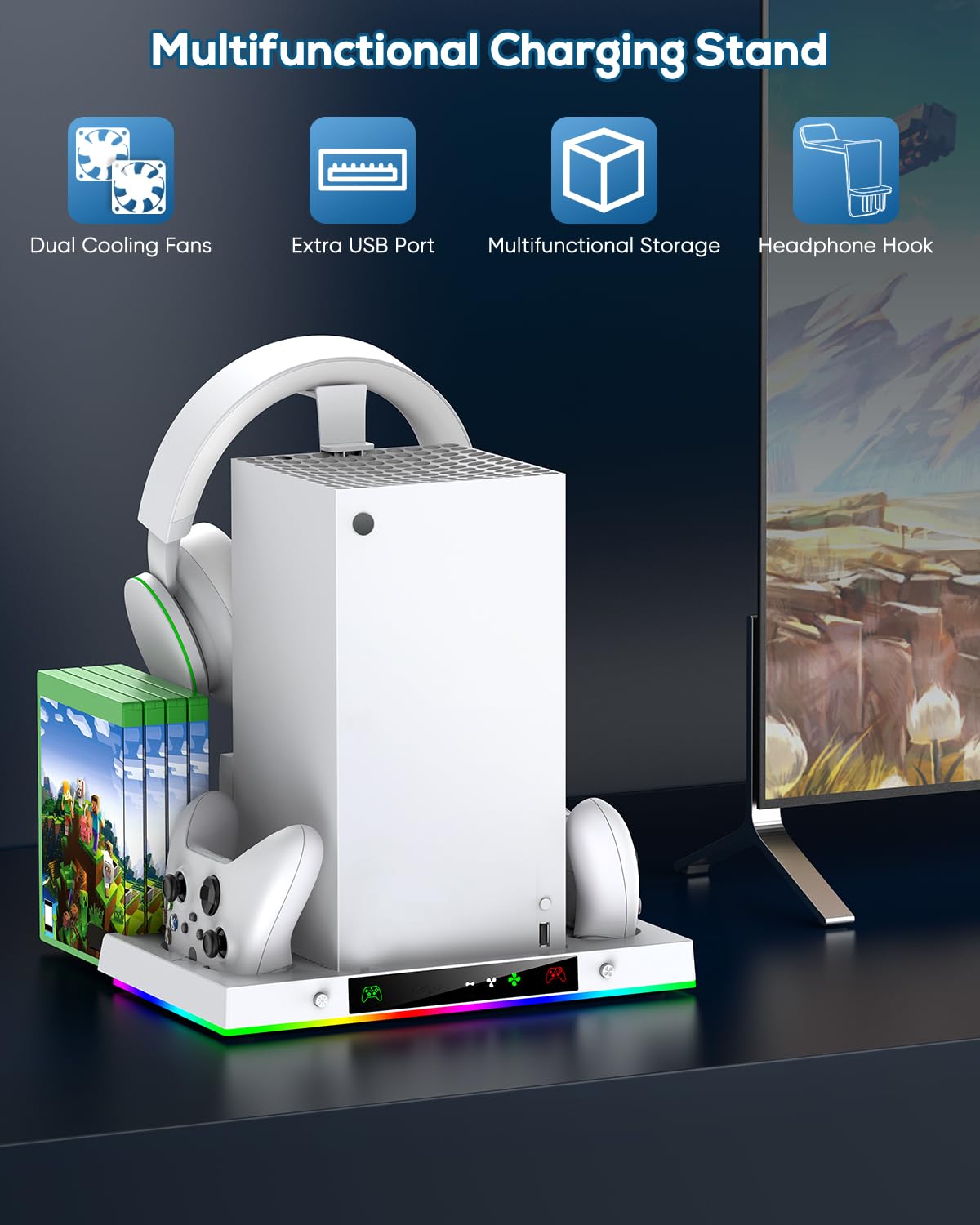 Ventilador de refrigeración mejorado y soporte de carga dual para consola Xbox Series X y controlador, sistema de estación de carga para serie X con 15 luces RGB, 2 baterías recargables de 1400 mAh,