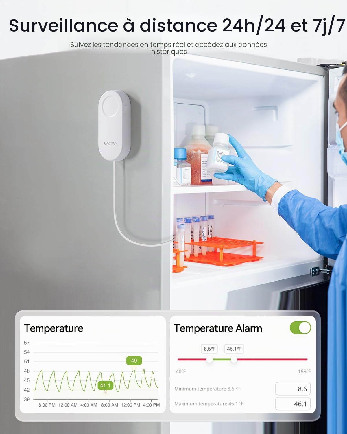 MOCREO Thermomètre WiFi avec alarme, alerte e-mail, notification d'application, exportation d'enregistrement de données, sans frais d'abonnement, capteur de température sans fil à distance pour