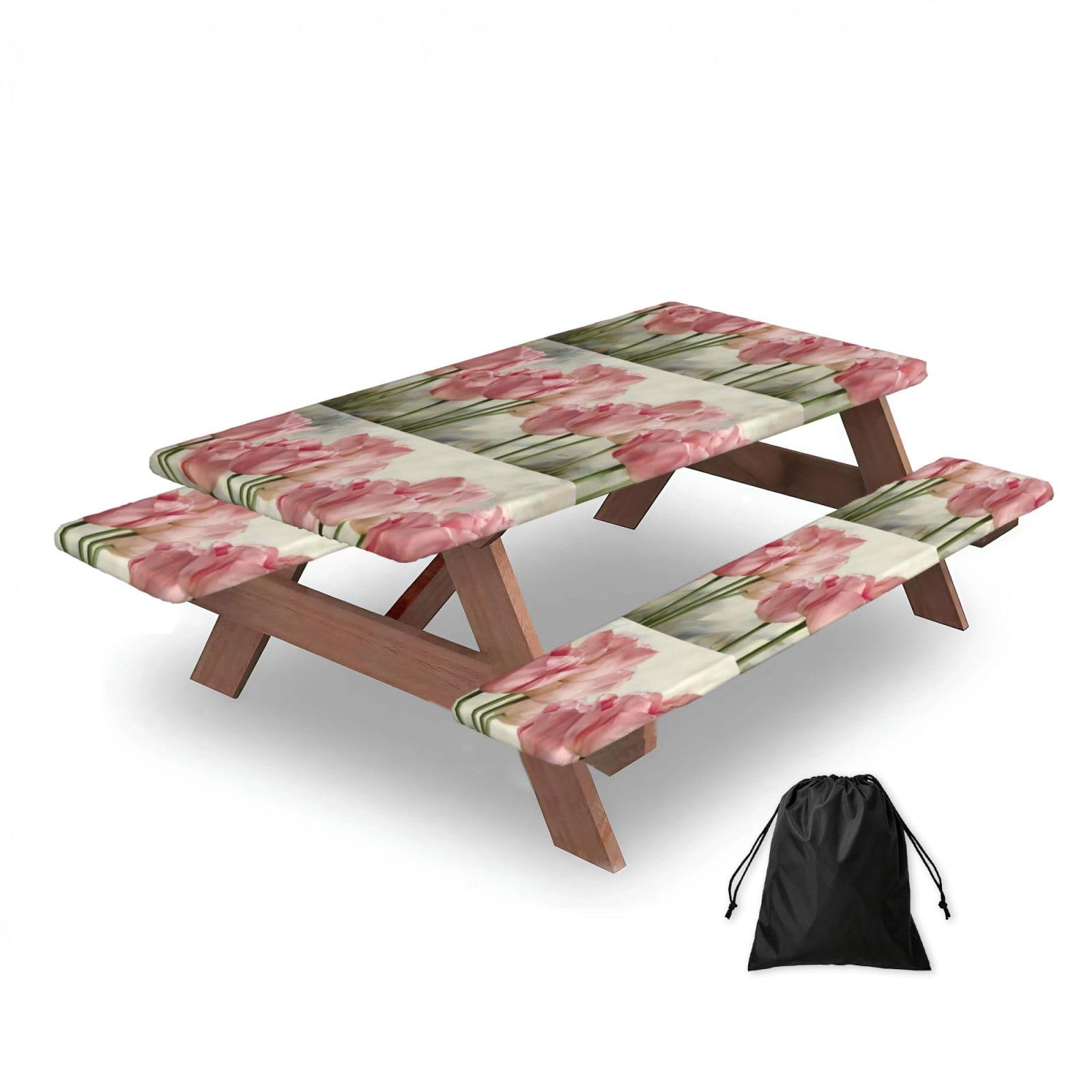 Dopklna As Picture Pink Tulips Printed, Picnic Table Cover With Bench Covers -Waterproof Elastic Fitted Tablecloth For Garden Camping Patio 76X152cm