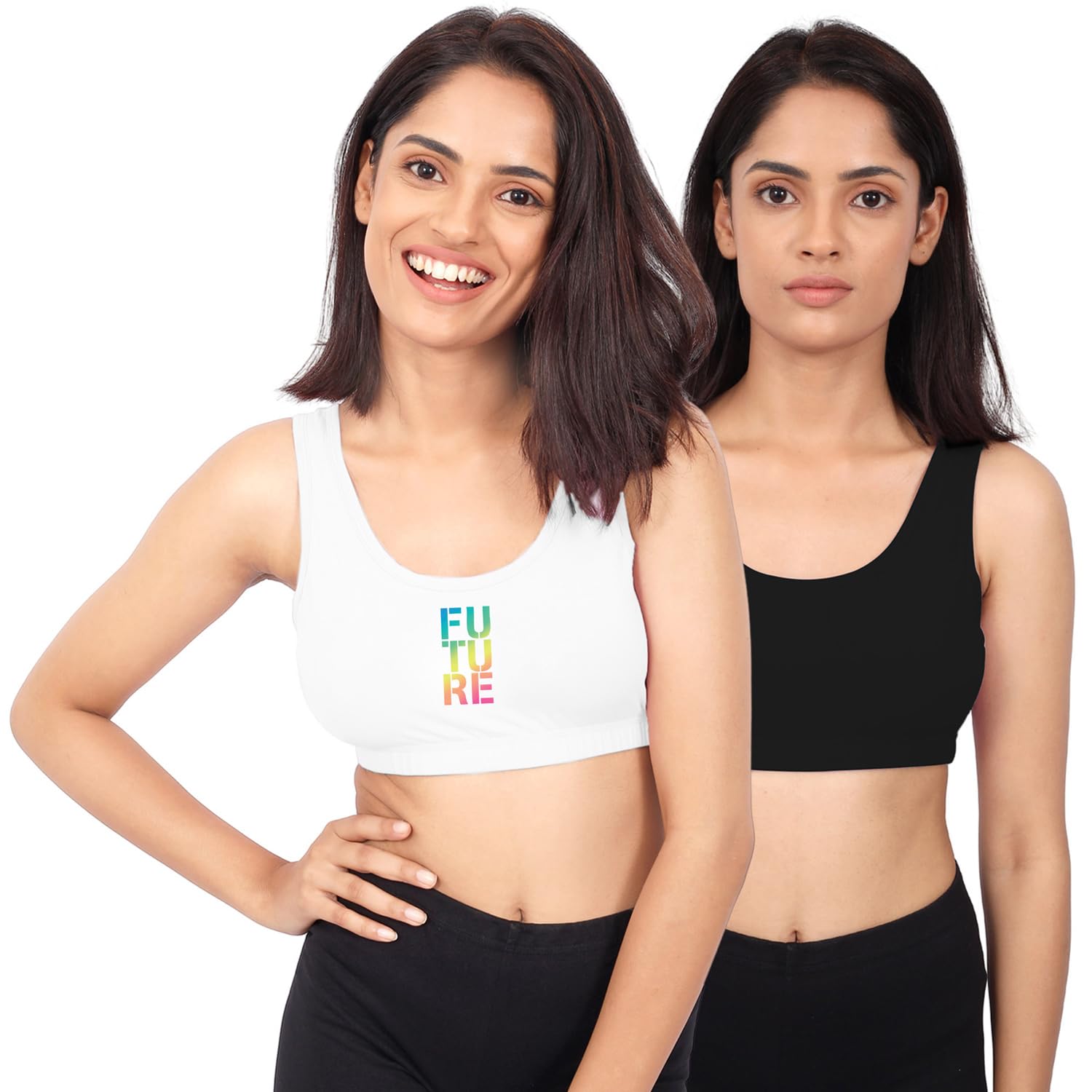 dchica Sports Bra for Women & Girls, Cotton Non-Padded Full Coverage Beginners Non-Wired T-Shirt Gym Workout Bra with Regular Broad Strap, Printed Training Bra for Teenager (Pack of 2)-picture-23